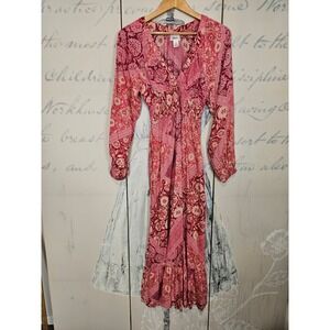Japna Maxi Dress XS Pink Red Boho Patchwork Smocked Floral Tiered Balloon Sleeve